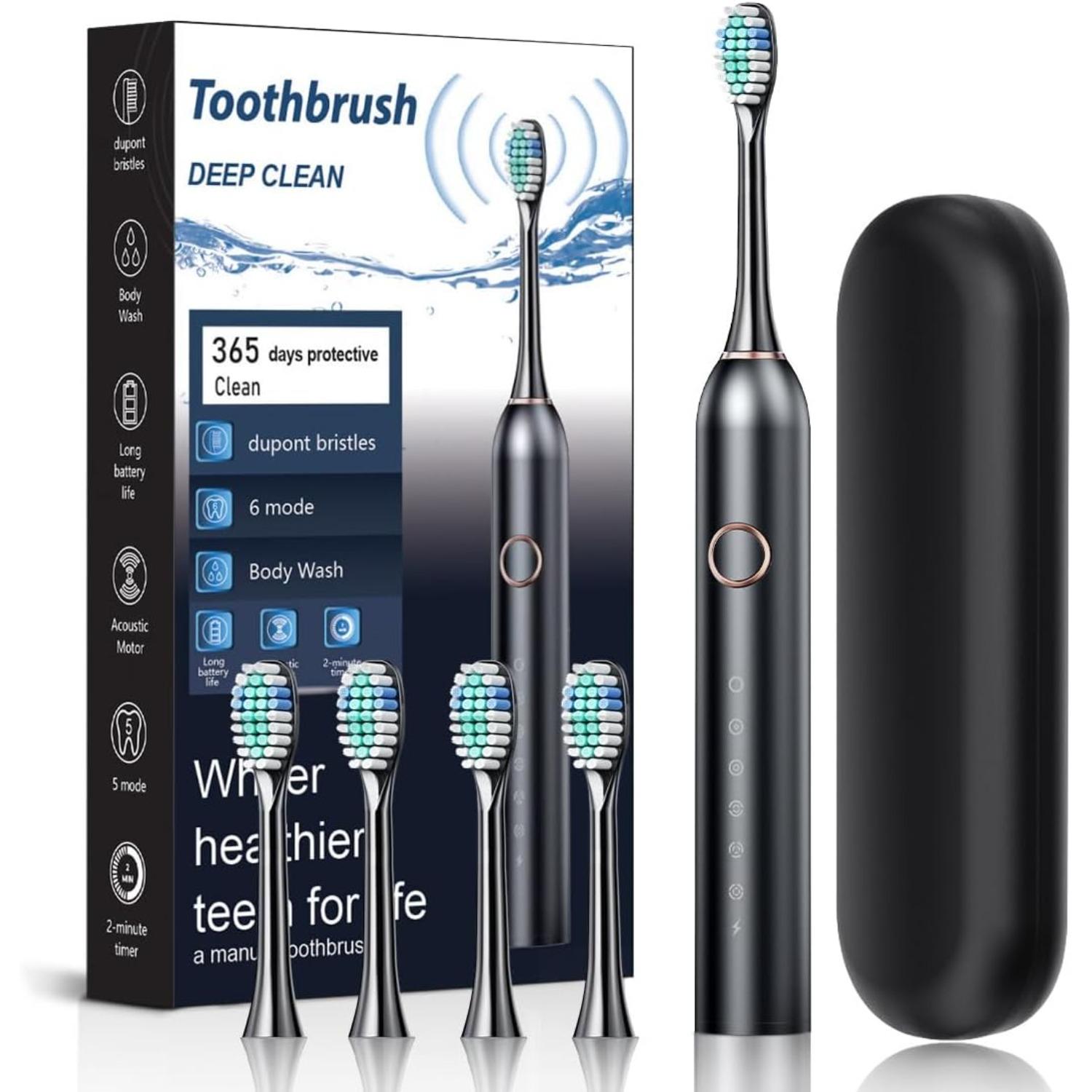 Electric Toothbrush for Adults Soft Bristled Household Toothbrushes 6 Modes, 4 Brush Heads, 2 Min Timer, IPX7 Waterproof, USB Rechargeable чёрный