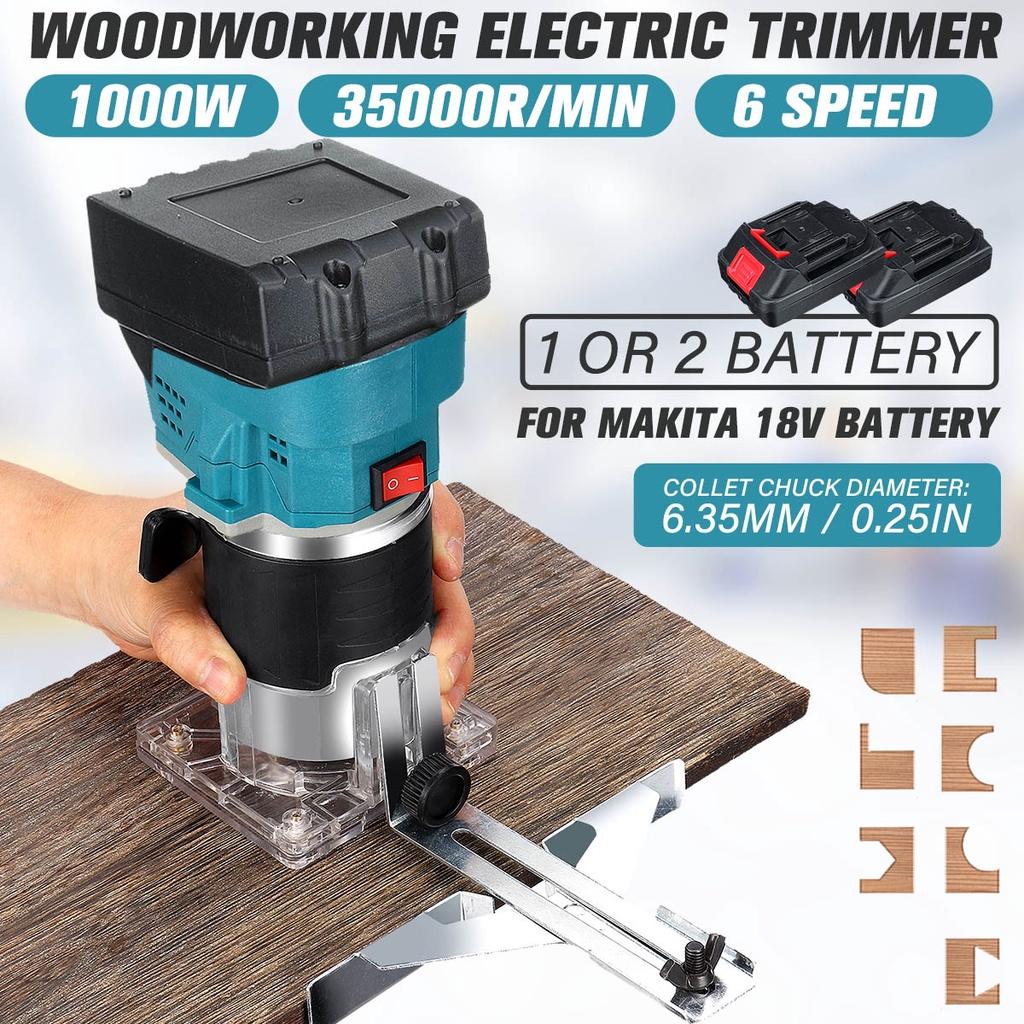 1000W Electric Trimmer Cordless Engraving Slotting Trimming Machine Wood Router with Li-ion Battery for 18V Battery Blue