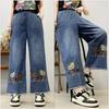 Spring Jeans Women's Ethnic Style Embroidered Elastic Waist Wide-leg Pants Retro Nine-point Jeans