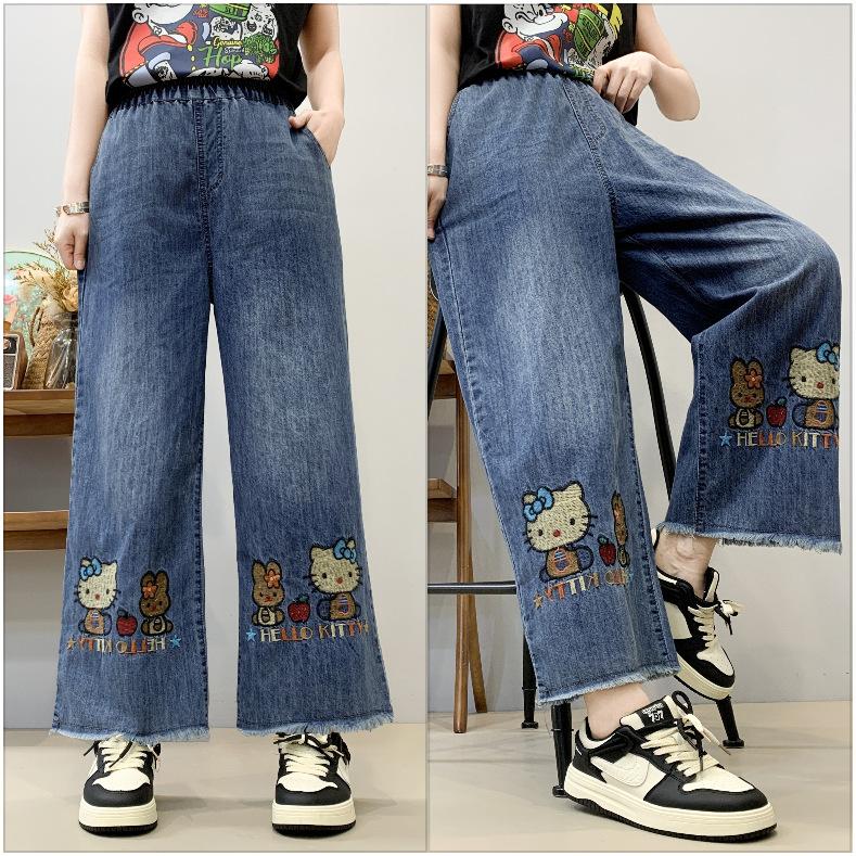 Spring Jeans Women's Ethnic Style Embroidered Elastic Waist Wide-leg Pants Retro Nine-point Jeans