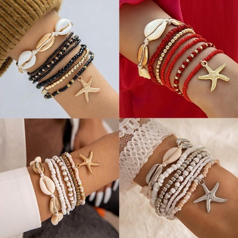 7 Pcs/Set Bohemian Beaded Braided Starfish Rice Beads High-value Creative Bracelet
