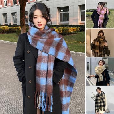 Women Scarf Plaid Print Thickened Warm Long Shawl with Tassel Trim Versatile