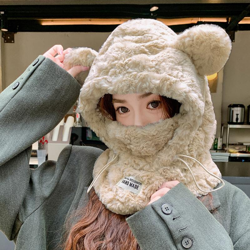 Korean Version of Cute Thick Plush Bear Hat Scarf Mask Integrated In Winter Warmth and Cold Riding Ear Protection Hat Trend