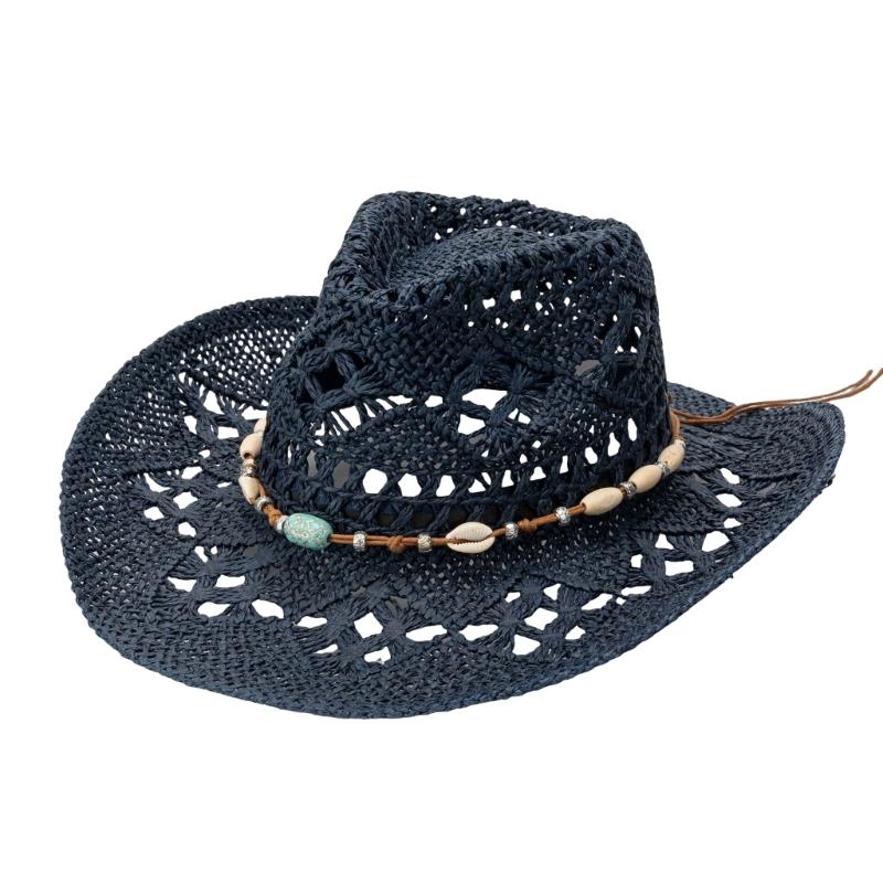 Handmade Sun Hat Hollowout Sun Protective Hat Wide Brims Hat with Bead Band Vacation Sun Straw Hat Photography Headpiece