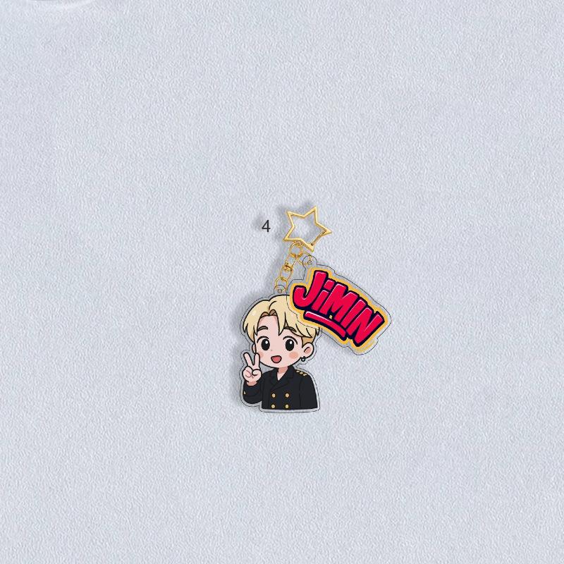 BTS Uniform Cartoon Keychain with Colorful Name Tag & Star Charm, Bangtan Boys Cartoon Figure Keyring, Kpop Idol Bag Pendant for ARMY Fans