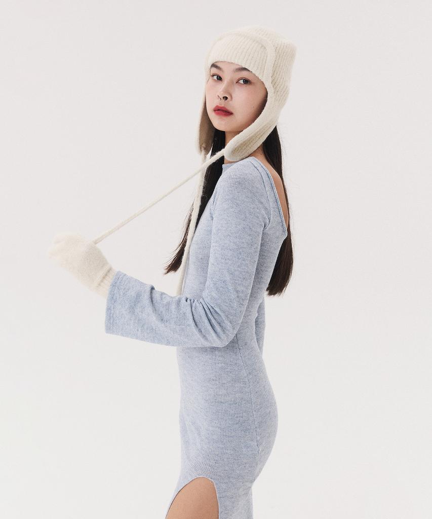 Kkuape Knit Long Slit Dress_Melange Blue