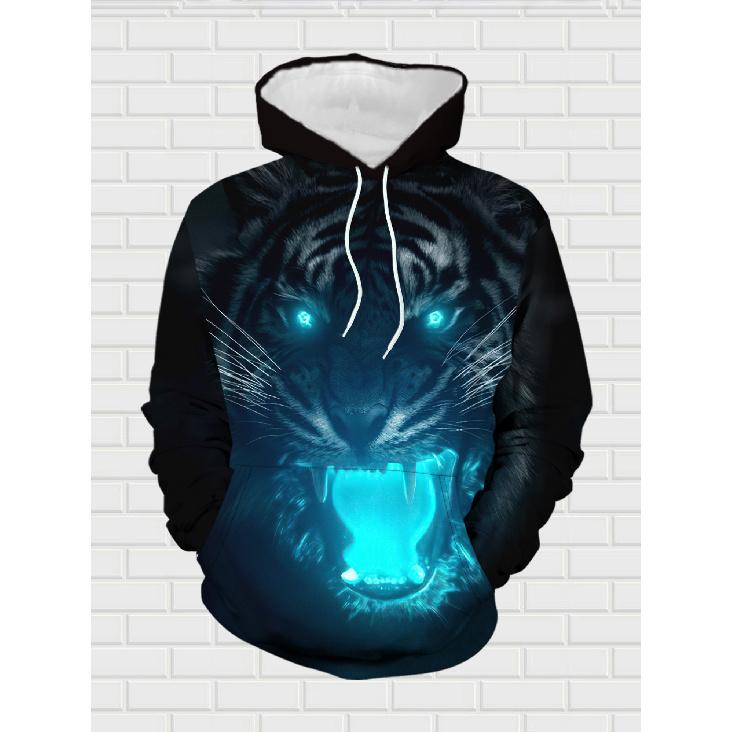 Men's Hoodie and Jogger Set Winter Casual Trendy Glowing Tiger Face 3D Print Street Style Men's Fashion for Adults Men Casual Wear Sportswear Holiday