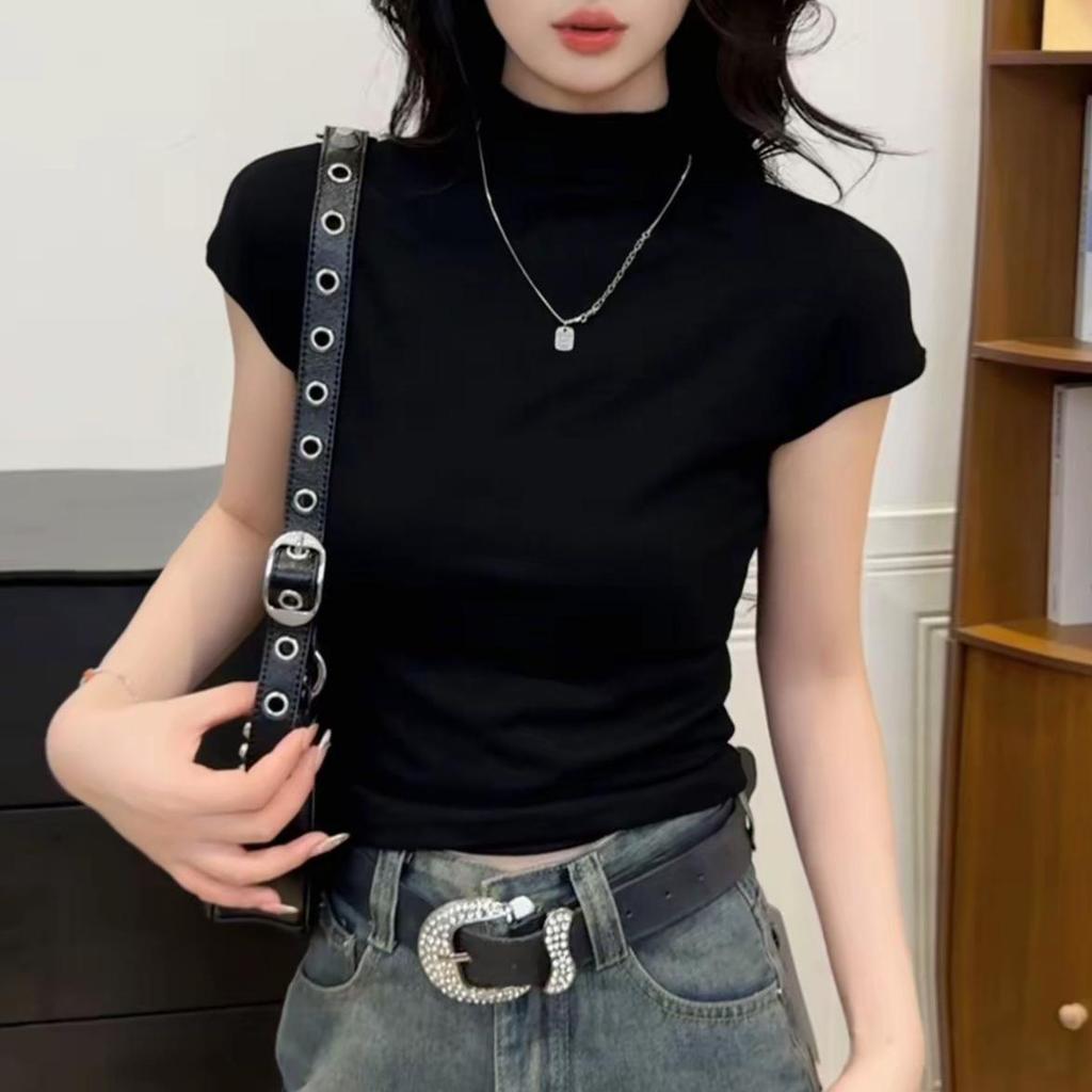 2025 Women's Slimming Korean Style Solid Color Half High Neck Short Sleeve T-shirt for Early Autumn