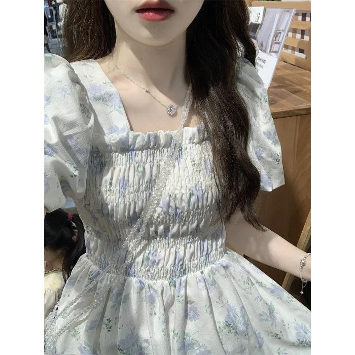 French first love floral dress female summer small temperament waist square neck bubble sleeve fairy gentle wind long dress