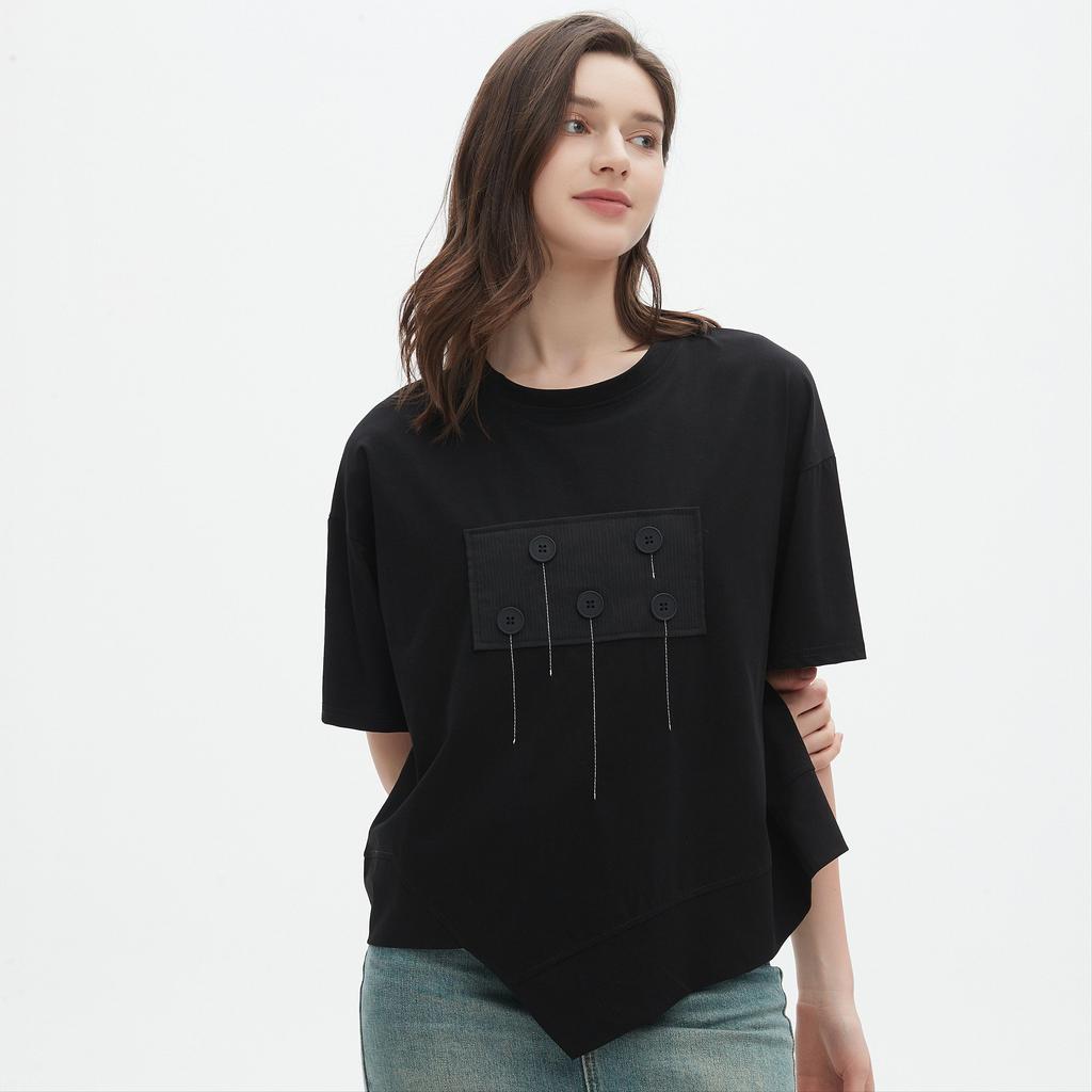 DIMANAF 2025 Letní tričko s kapsou Dámské Potisk Knoflíky Asymetrické Krátký rukáv Volné