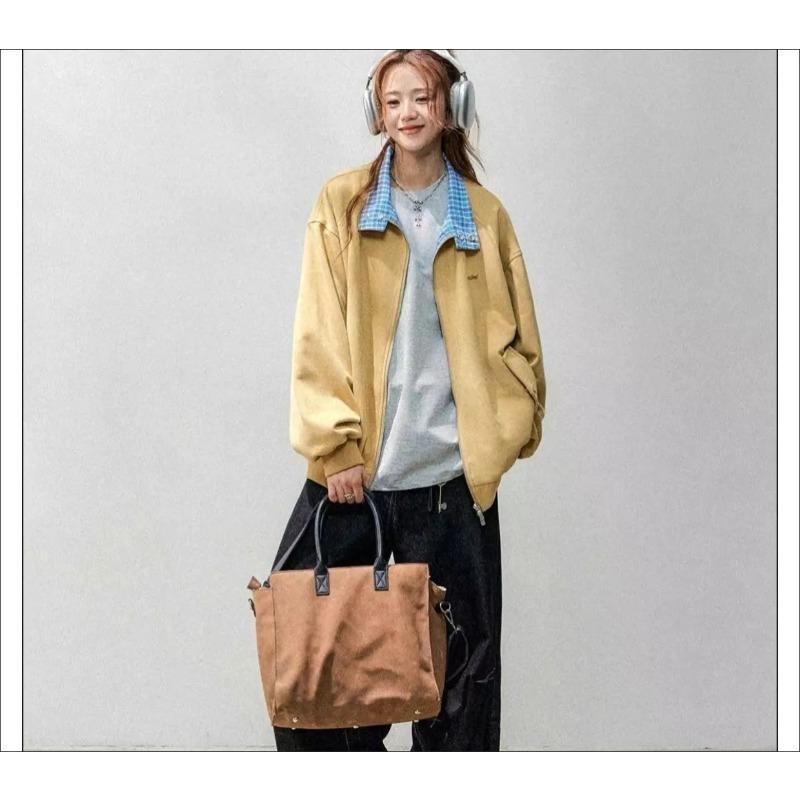 Autumn Loose Plaid  Patchwork Coat Womens Casual Baseball Jacket Stylish Outerwear