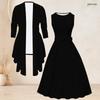 Women Plus Size Two Piece Set Long Sleeve Open Cardigan Sleeveless Round Neck Tie Waist Geometric Printed Black White Dress
