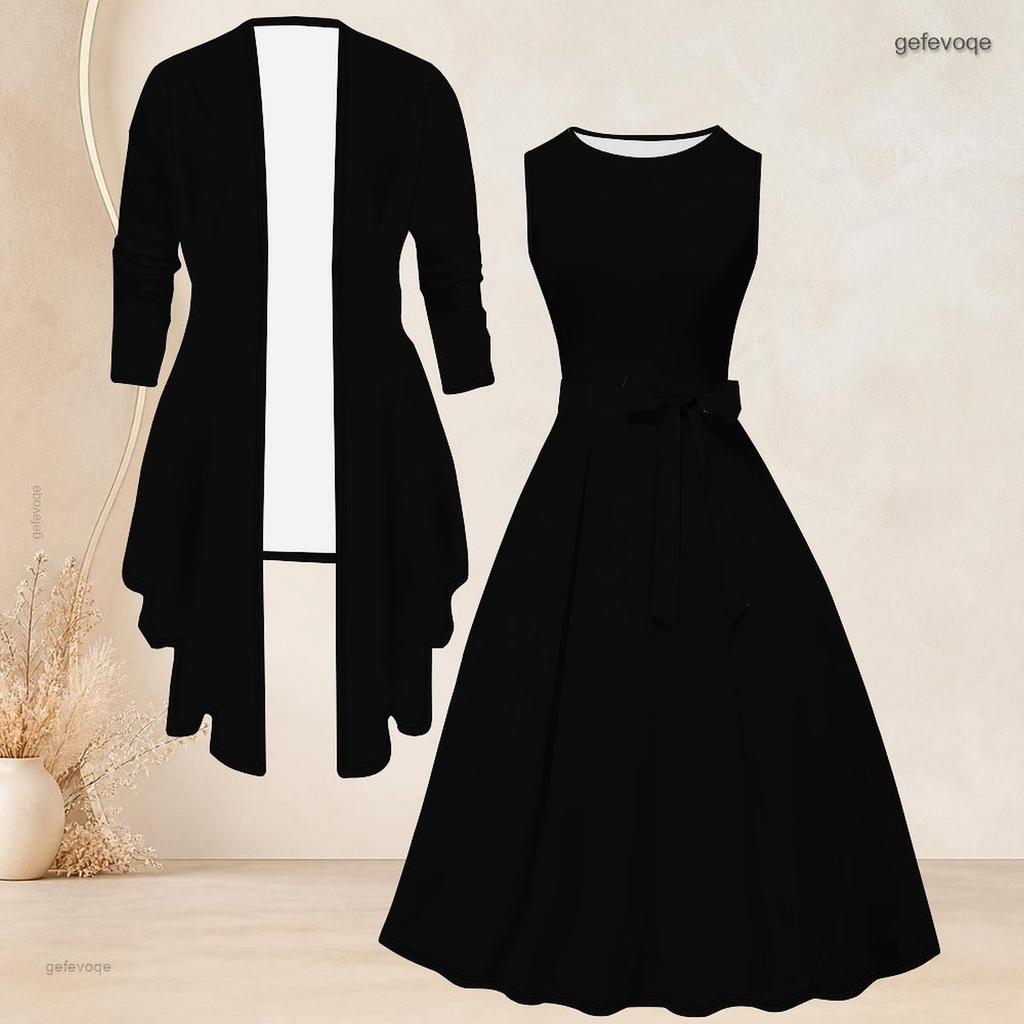 Women Plus Size Two Piece Set Long Sleeve Open Cardigan Sleeveless Round Neck Tie Waist Geometric Printed Black White Dress