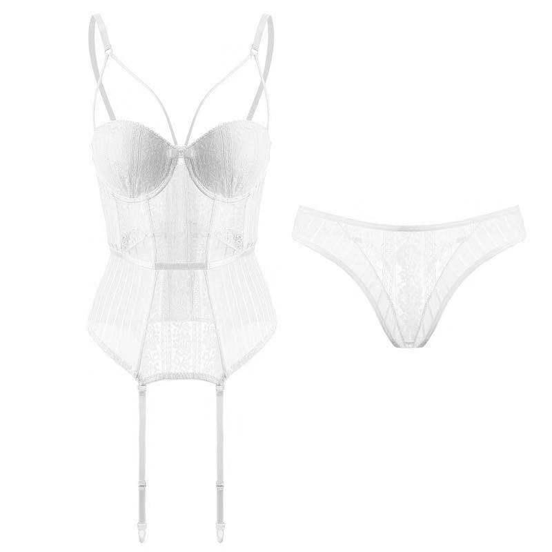 Passion Lace See-Through Bodysuit & Garter Set with Underwire Corset for Small Bust
