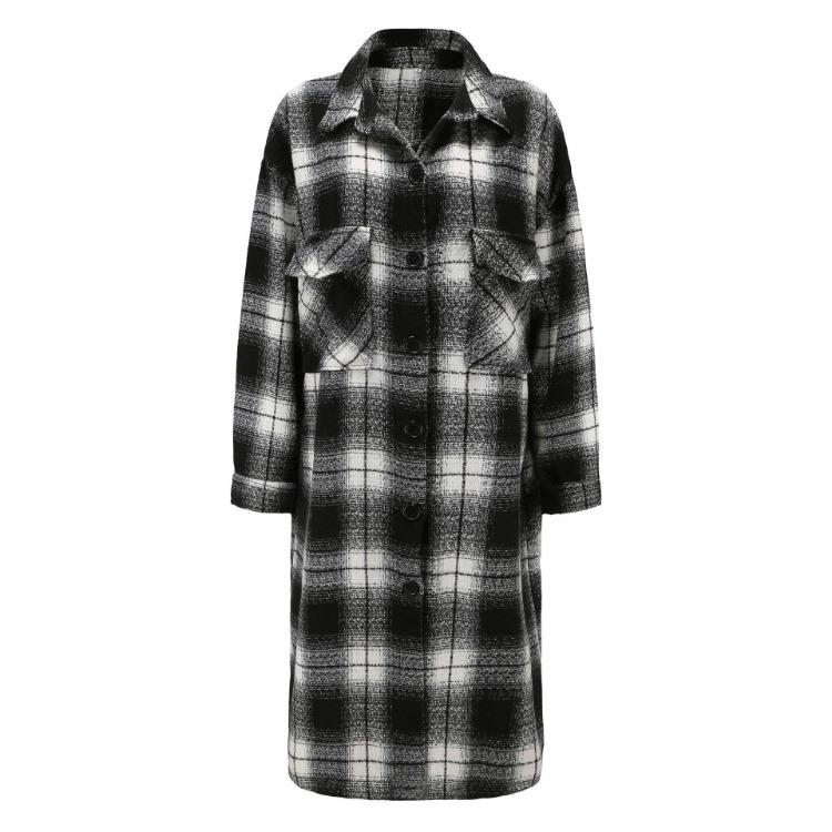 Extra Long Plaid Coat with Drop Sleeves and Pockets Ladies Casual Shirt Jacket