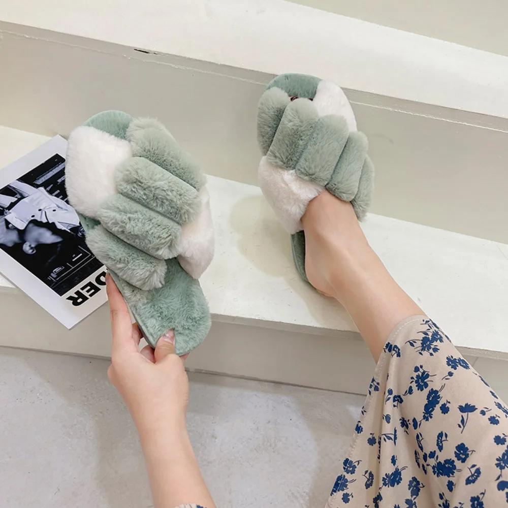 Women Winter House Furry Slippers Fluffy Faux Fur Home Slides Flat Fashion Indoor Floor Shoes Ladies Flip Flops Chaussure Femme