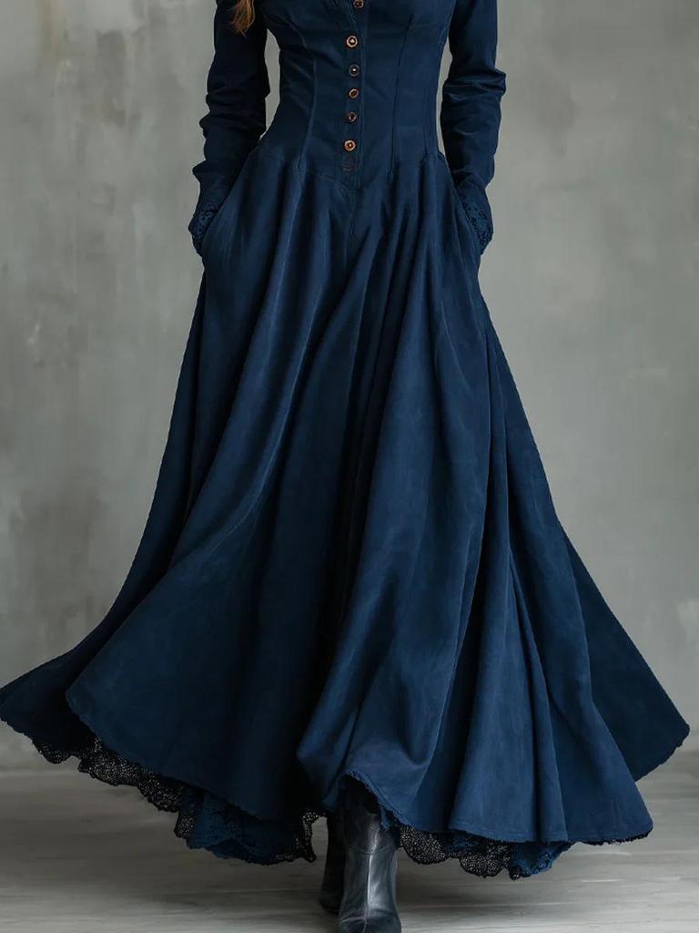 2025 Französisches Retro-Spitzenbesatz Wildleder Patchwork Langes Kleid