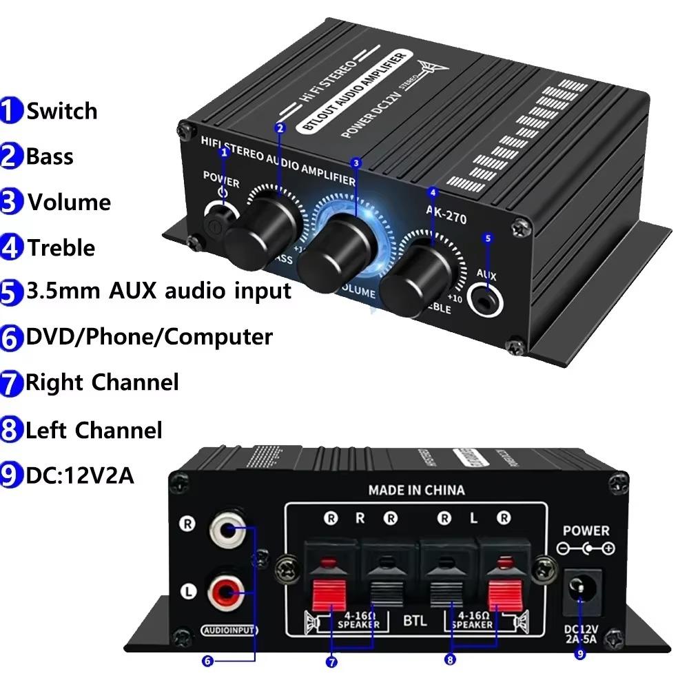 Mini HiFi Stereo Audio Amplifier AK270 2-Channel 12V 40W Car/Home Audio Power Amp RCA AUX Input/Bass Treble Control
