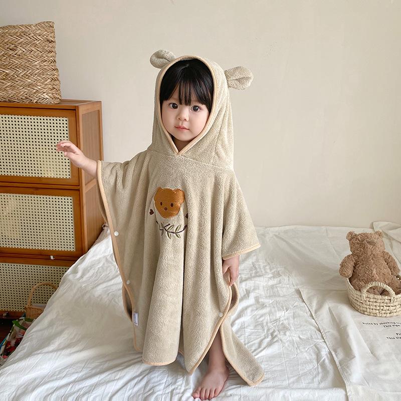 Embroidered Coral Fleece Hooded Cape Children's Bathrobe Baby Cotton Absorbent Korean Bear Bath Towel