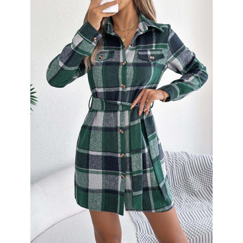 

Осенне-зимнее повседневное платье-рубашка из шерсти с цветными блоками, клетчатое, с имитацией карманов, с длинными рукавами и шнуровкой для женщин XL