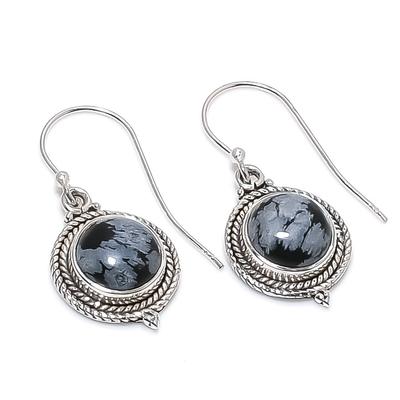 Natural Snowflake Obsidian Gemstone 925 Solid Sterling Silver Earring 1.25" V9b74