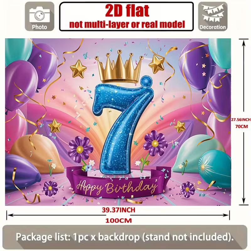 2D Happy 7th Birthday Backdrop Purple Teal Balloon Party Photo Banner