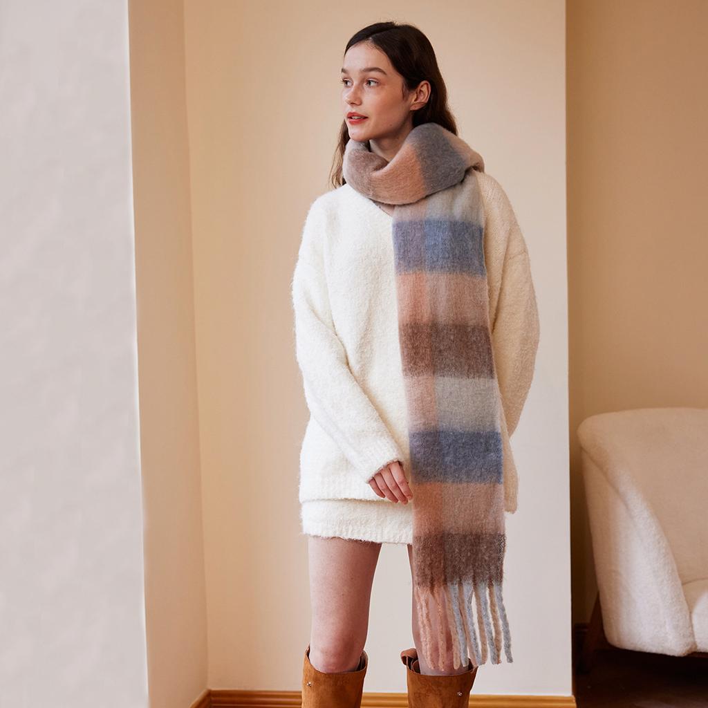 Imitation cashmere plaid scarf women's winter thickened simple warm black and white classic fringed scarf shawl