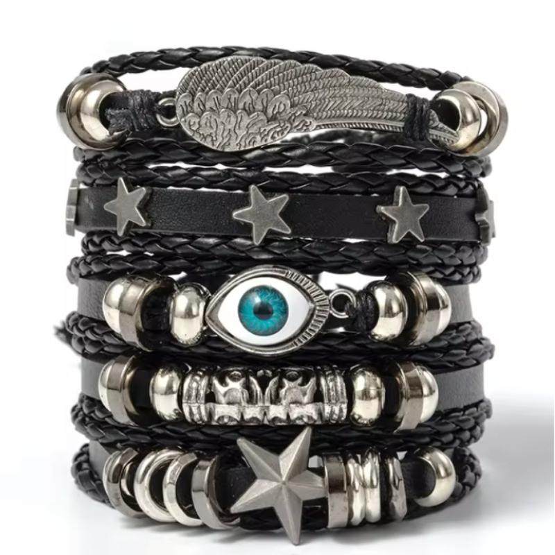 6pcs/set Black Color Punk Style Skulls Stars Handmade Leather Bracelets for Men and Women Personalized Trendy Party Jewelry
