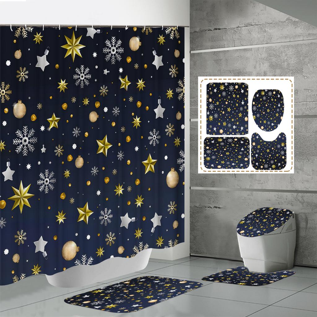 4PCS Shower Curtain Sets With Shower Curtain And Rugs Toilet Lid Rug U Shape Mat And Bath Mat Bathroom Set With 12 Hooks