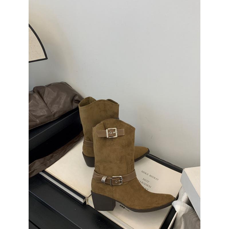 

2025 new retro western medium boots women s desert with skirt belt buckle decorative thick heel short boots 39 темного кольору хакі