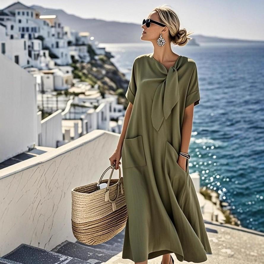 Women's Bow Tie Neck Short Sleeve Loose Fit Linen Blend Casual Vacation Maxi Long Dress