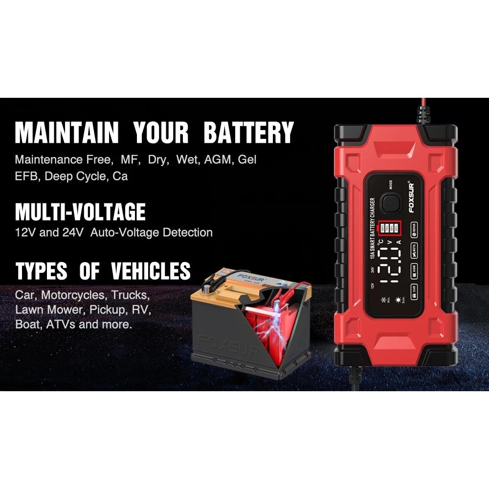 12V 10A Fully Automatic Car Battery Charger 7-Stage Fast Charging 6-180Ah for AGM GEL WET Lead Acid Battery Charger LCD Display