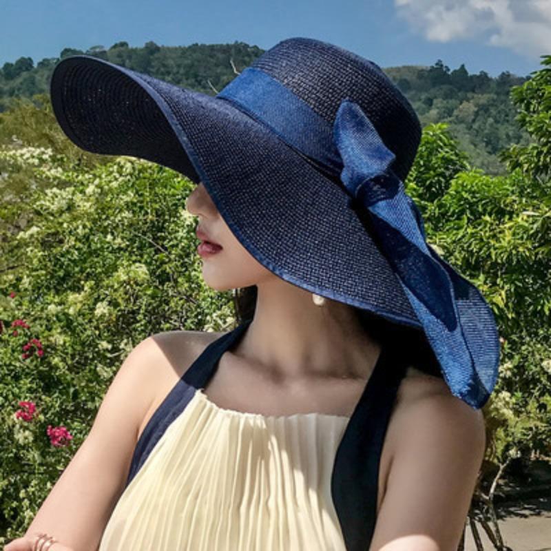 Straw hat women's summer sun protection extra large brim sun hat beach seaside vacation sun hat foldable hat tide