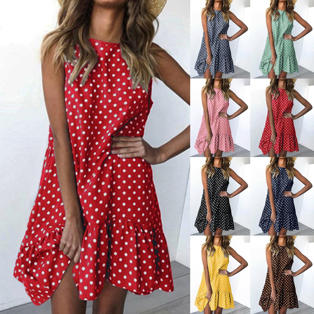 Fashion Women Sleeveless Polka Dot Loose Casual Ruffle Dress