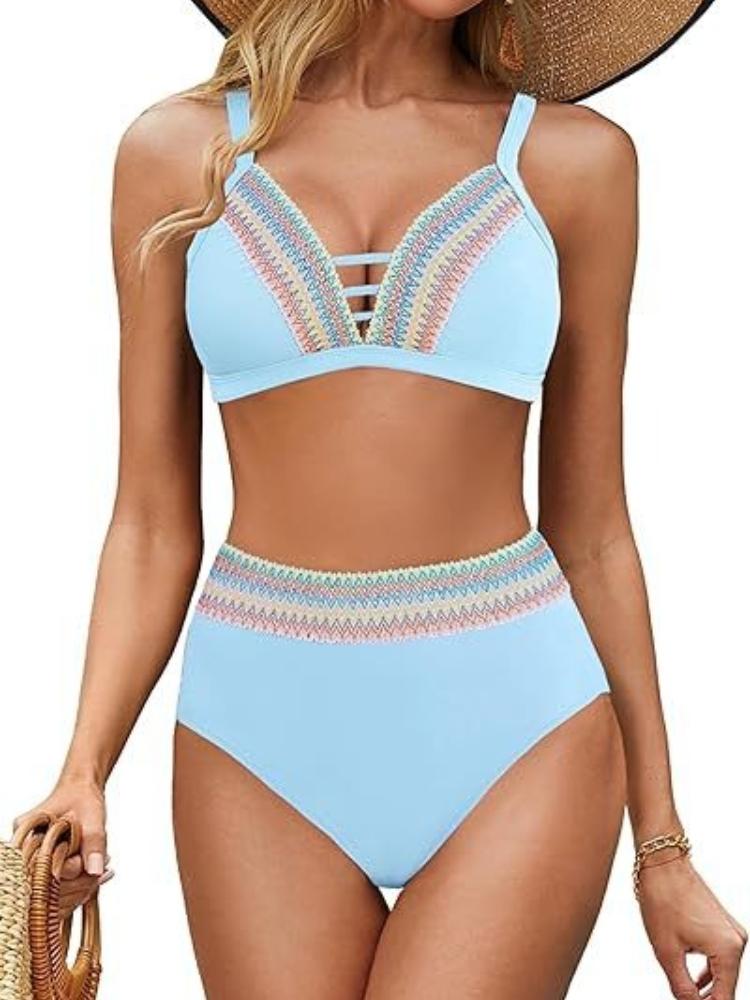 Damen High-Waist Tankini Badeanzug Sexy V-Ausschnitt Bikini Set, Träger Bikini Zweiteiler Push-Up Bademode