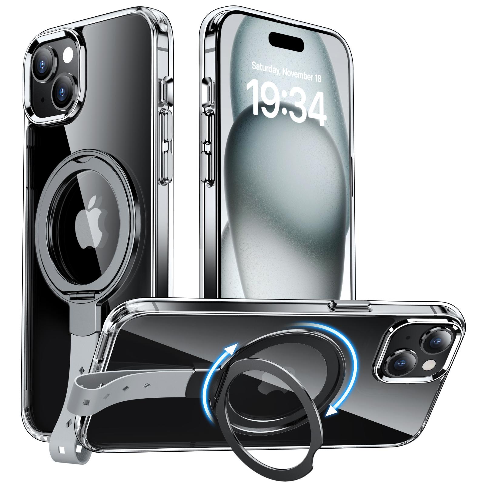 

For iPhone 15 Plus Magnetic Case Clear PC Shockproof Phone Cover Grip Kickstand A