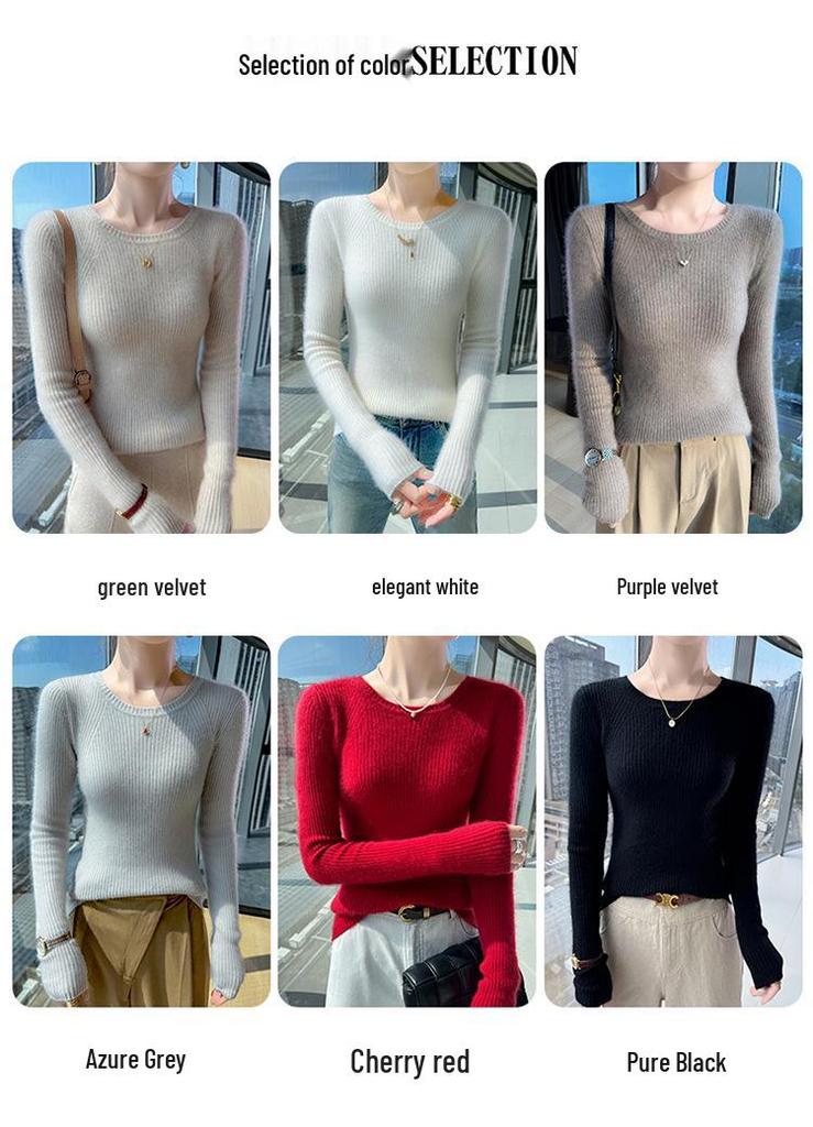 Women's 100% Pure Wool Round Neck Sweater - Slim Fit, Chic, Long Sleeve, Knitted Cashmere, Perfect for Autumn/Winter.