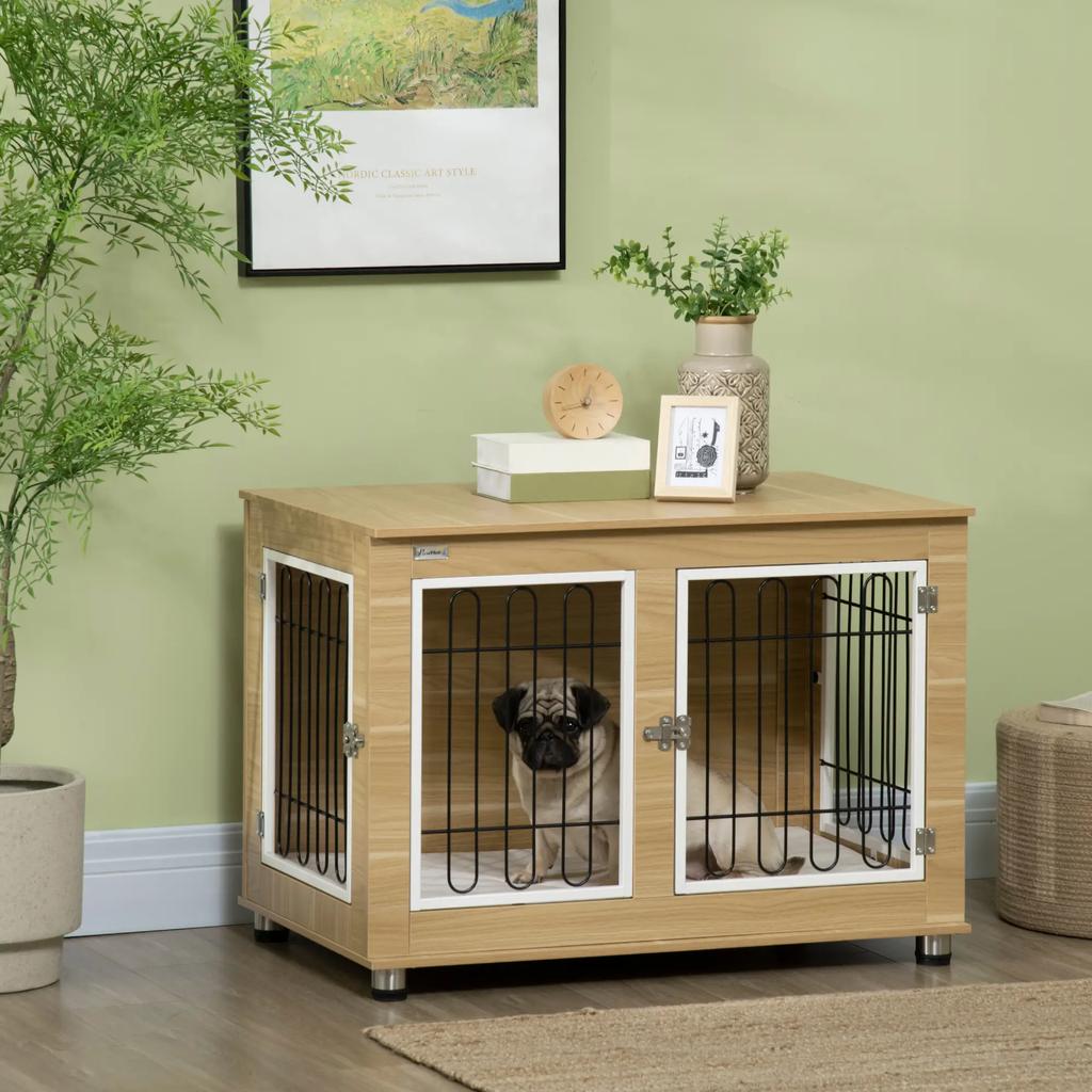 PawHut Dog Crate Pets Dog Cage on Stand with Removable Cushion Steel Wood Look 90 x 58 x 65 cm
