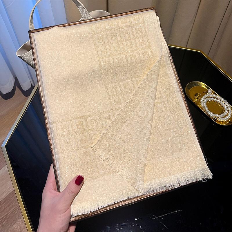 Long Scarf Fashion Simulation Silk Scarf Women'S Fashion Versatile Scarf Shawl Dustproof Premium Tencel Cotton Gold Silk