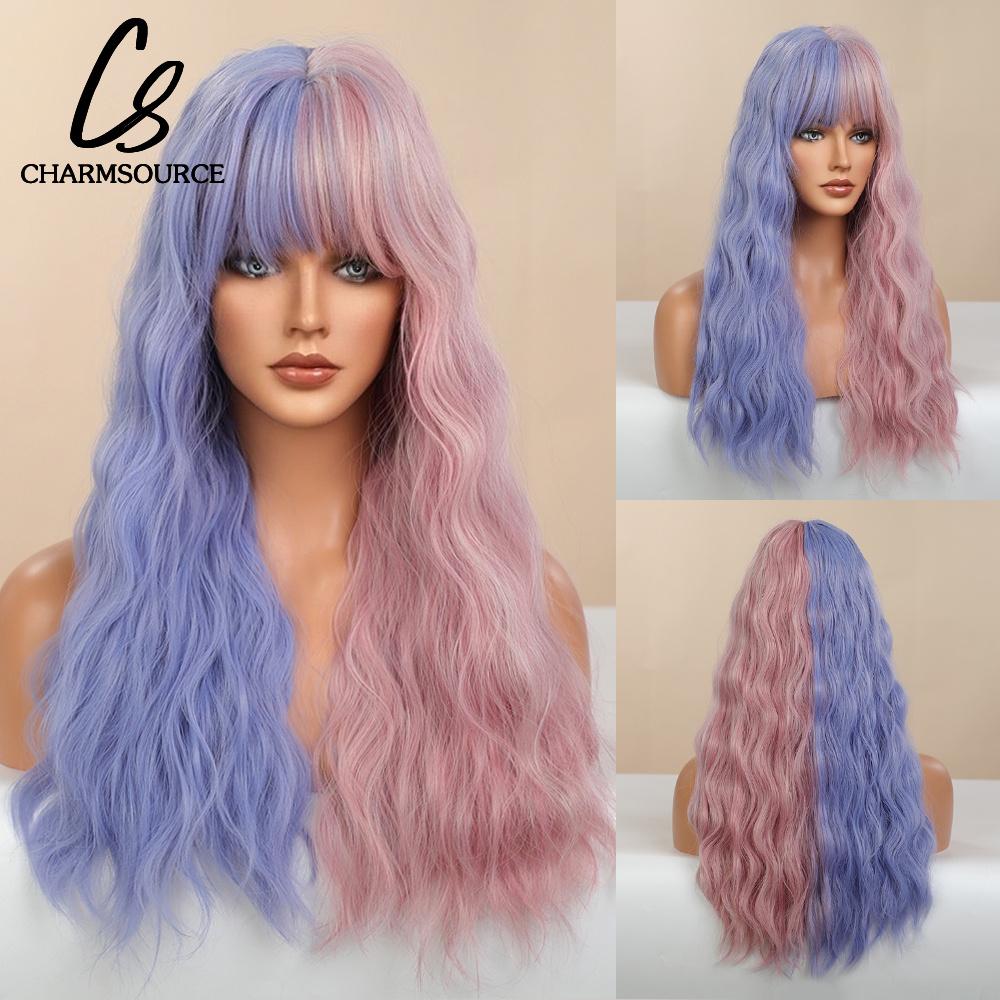 CharmSource Lange natürliche gewellte Perücke mit ordentlichem Pony/Fransen für Frauen, rosa Haar, synthetische Perücken, Cosplay, Party, hitzebeständige Faser