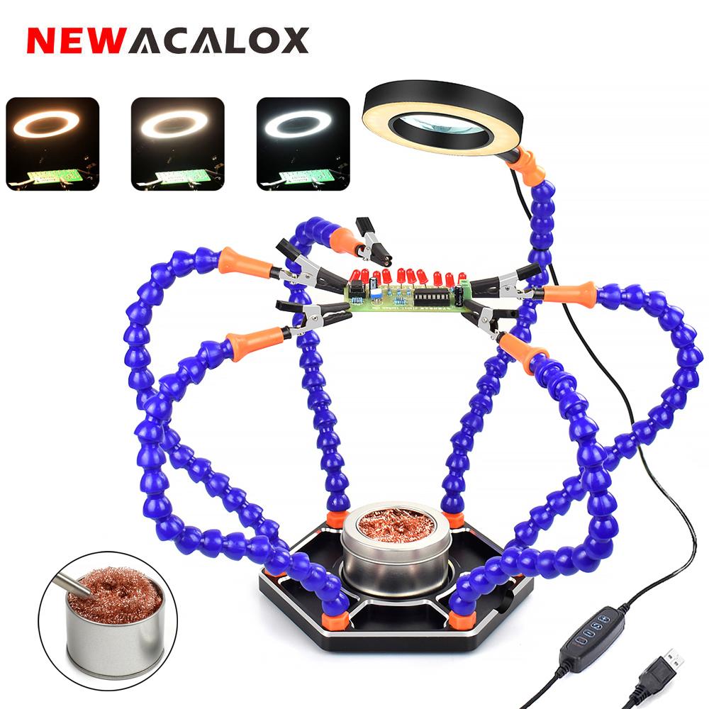 NEWACALOX Soldering Work Station Third Hand Tool PCB Holder with 3X LED Illuminated Magnifier Soldering Iron Tip Cleaning Ball