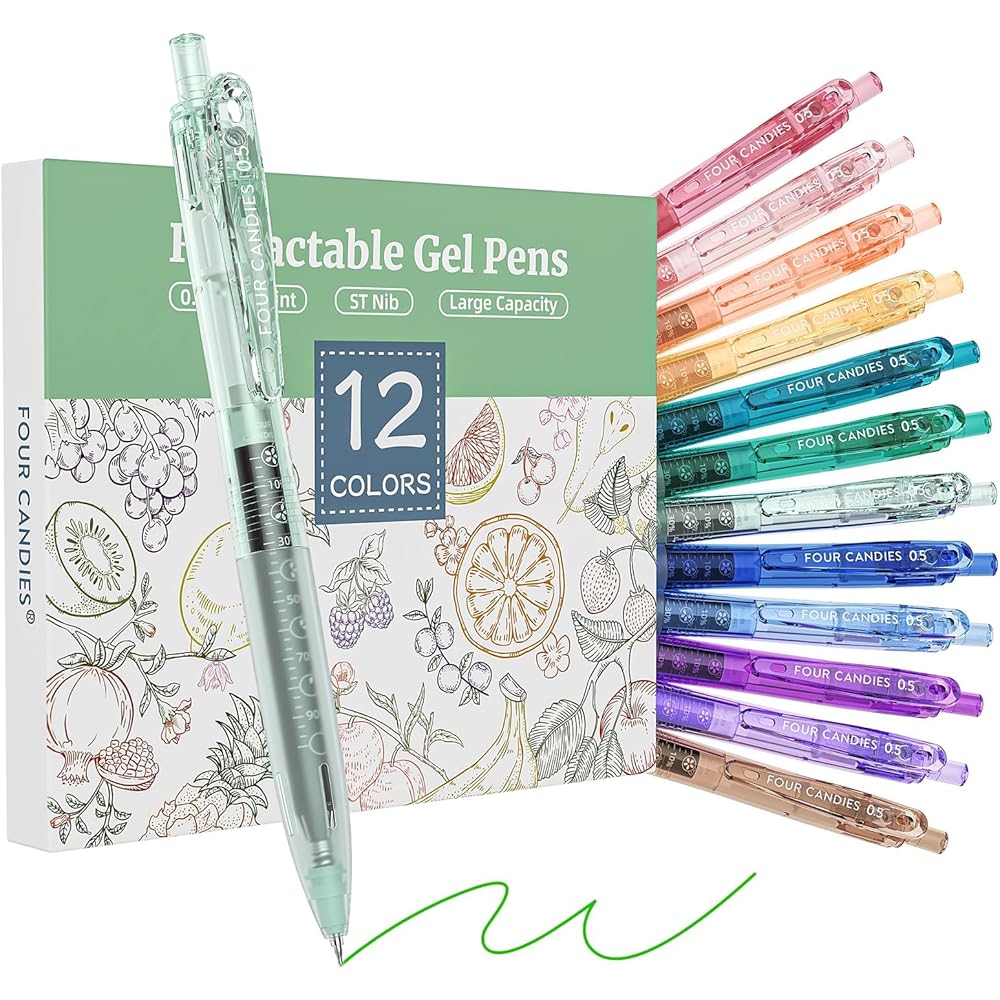Four Candies Pastel Color Gel Ink Ballpoint Pens 0.5mm 12-Pack Knock Style Cute Stationery