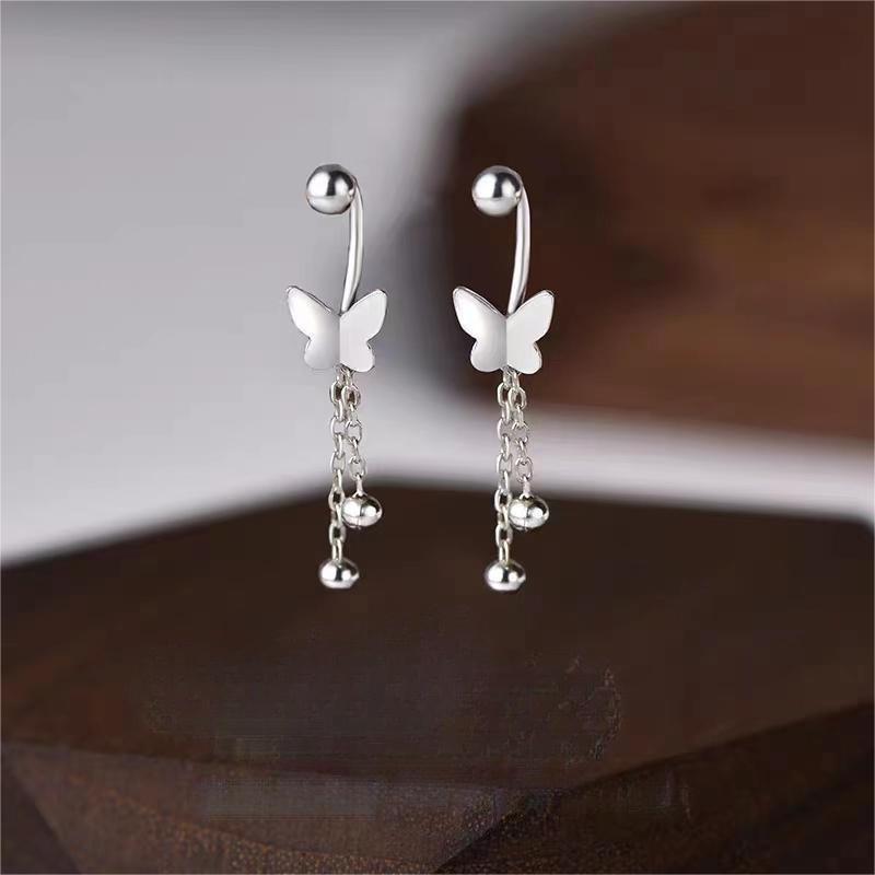 S999 Silver Butterfly Tassel Earrings: High-End, Luxurious Dangle Design with Screw Fastener - 2023 Trend