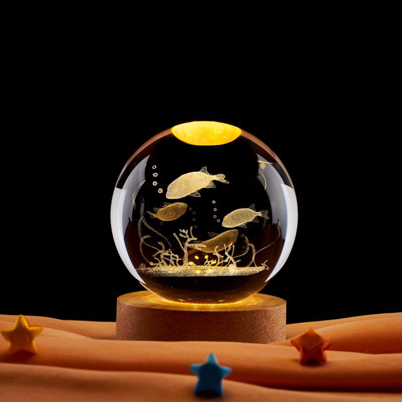 3D Laser-Carved Deep-Sea Fish Crystal Ball Night Light Ornament As Shown
