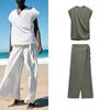 Spring New Stylish V Neck Short Sleeve Drape Double Breasted Tops 0264170 Wide Leg Sarong Pants 0264169