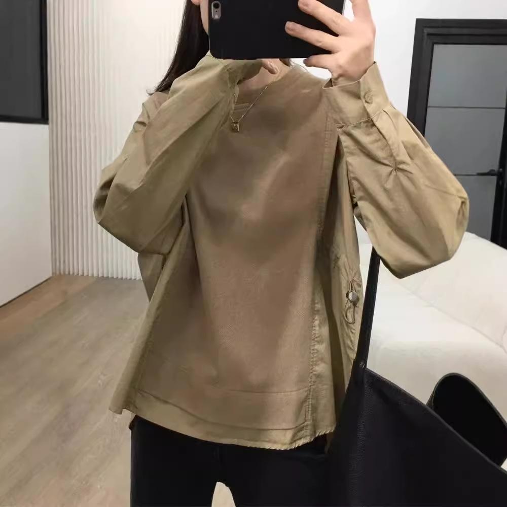 Women Crew Neck Long Sleeve T-Shirt Shirt Patchwork Drawstring Loose Casual Blouse Korean Style Fall Top