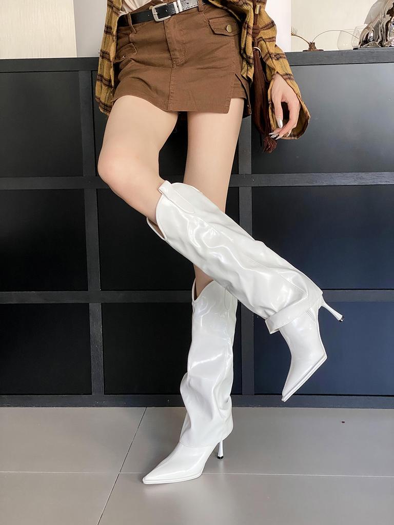 Fashion Pointed Toe Women Knee High Boots Stiletto Thin High Heels Beige White  Brown Slip On Fashion Dress Shoes Woman Size 35-40