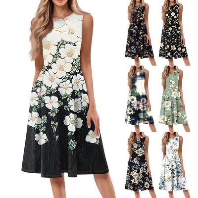 Vestido Midi Casual Feminino Estampado Floral Gola Redonda Sem Mangas Cor Sólida