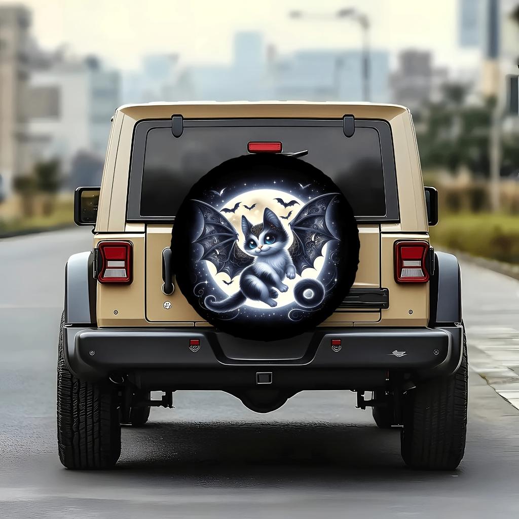 1pc Bat Cat Moonlit Night Themed Printed Pattern Car Tire Cover, Stylish Spare Tire Protector With Elastic, Easy To Install, Snu