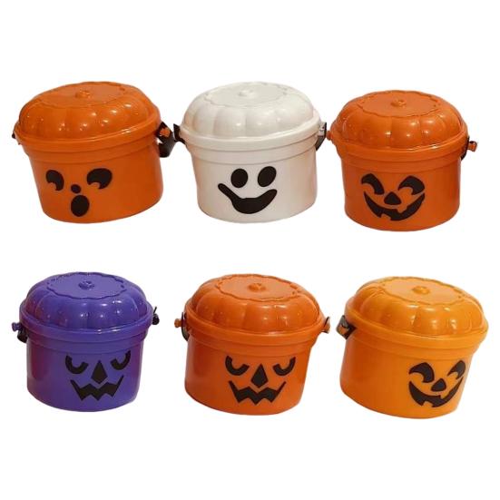 Mini Halloween Candy Bucket Spooky Ghost Pumpkin Candy Bucket Plastic Candy Bowls with Lid And Handle for Trick or Treat Halloween Party Favors